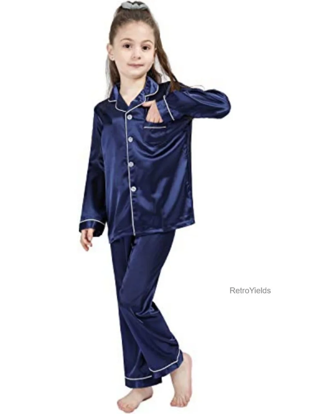 Kids Silk Satin Pajama Set Long Sleeve Button Down Loungewear Sleepwear PJS